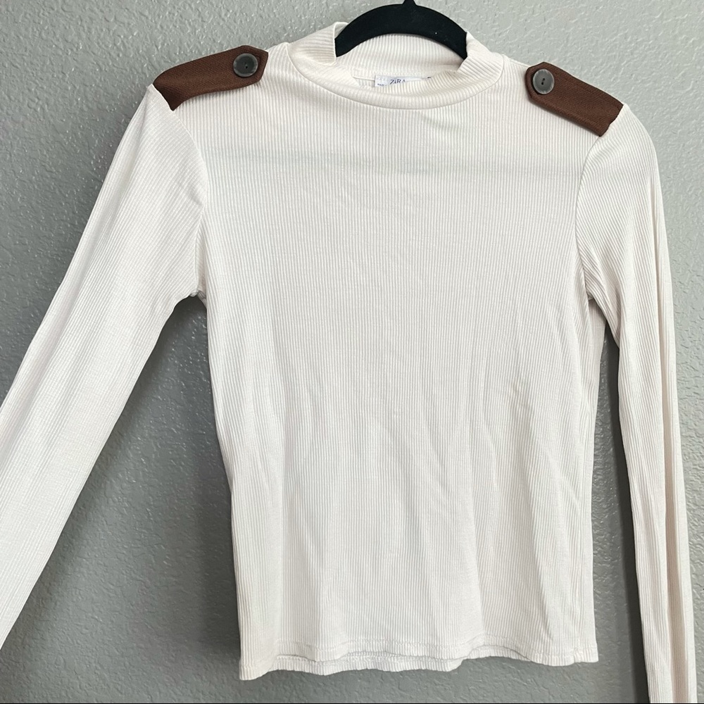 Zara Cream Mock Neck Fitted Long Sleeve shoulder Epilettes military look medium